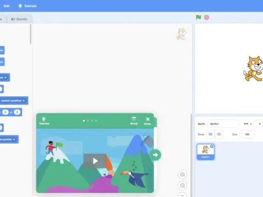Scratch-Oberfläche mit Code-Blöcken für Bewegung, um programmieren spielerisch lernen zu ermöglichen. Eine Katze wartet auf Befehle.