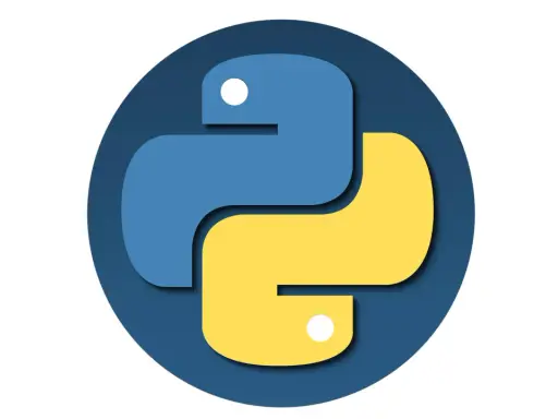 Das Python-Logo, blau und gelb, in einem Kreis. Mit Python kann man auch MP3-Dateien abspielen.