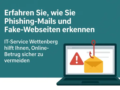 Ein Laptop zeigt eine Warnung und eine E-Mail, die von einem Haken gefischt wird. So erkennen Sie Phishing und betrügerische virus website.