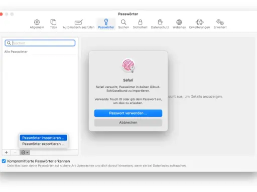 Safari-Passwortmanager-Fenster. Safari versucht, Passwörter zu importieren. Ein Dialog fragt nach Touch ID oder Passwort.