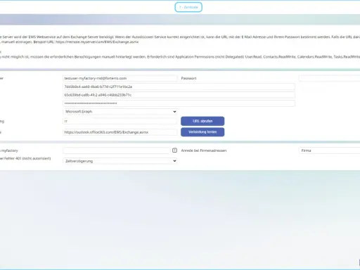 Einstellungen für die Exchange-Verbindung. Hier können Sie die E-Mail-Adresse, den Mandanten und die URL für den renew exchange certificate eintragen.