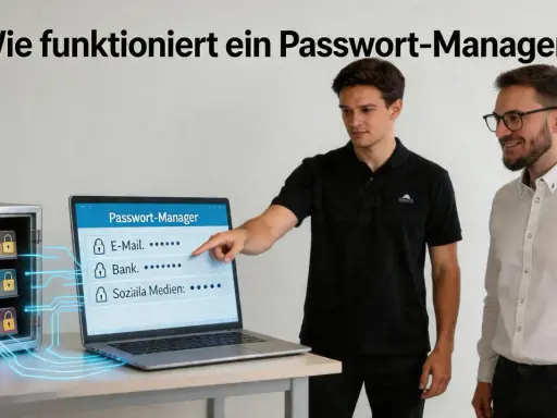 Zwei Männer erklären, wie funktioniert ein Passwort-Manager. Ein Tresor mit Passwortkarten und ein Laptop zeigen die sichere Speicherung.