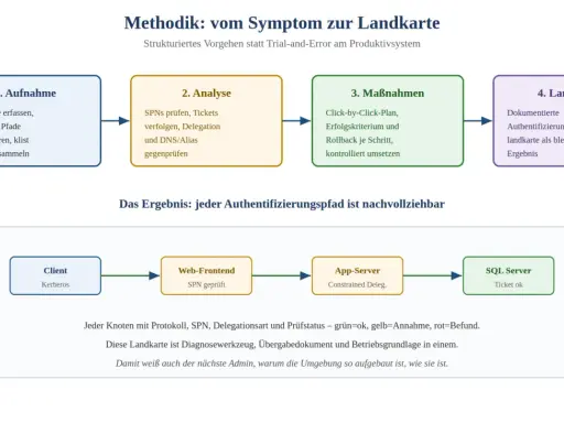 Diagramm zeigt Methodik zur Erstellung einer Landkarte, die den Authentifizierungspfad, z.B. mit Kerberos, dokumentiert.