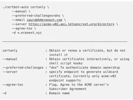 Certbot-Befehl zur Erstellung eines wildcard Zertifikats für *.erpnext.xyz mit DNS-Authentifizierung.