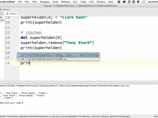 Python Grundlagen: Code zeigt Listenmanipulation in PyCharm. Superhelden werden hinzugefügt und entfernt.