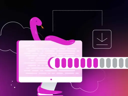 Ein pinker Python-Charakter umarmt einen Monitor, während eine Fortschrittsleiste und ein Download-Symbol den Prozess des Python installieren anzeigen.