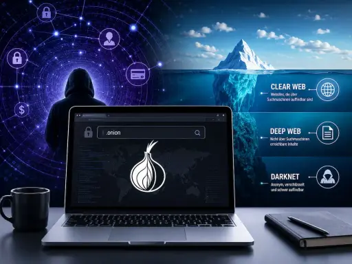 Ein Laptop zeigt die Tor-Suche, während ein Eisberg die Ebenen des Internets symbolisiert. So funktioniert das Darknet: anonym und verschlüsselt.