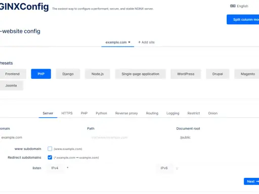 NGINXConfig-Oberfläche zur Konfiguration von example.com. Hier werden Server-Einstellungen, Pfade und die Weiterleitung von Subdomains für eine nginx config comment bearbeitet.