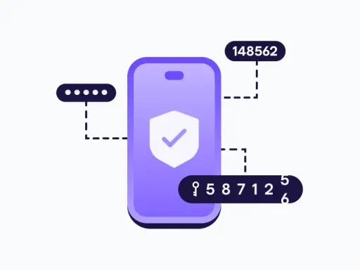 Sichere Anmeldung: Smartphone mit Sicherheitsschild, Passwortpunkte, Schlüssel und TOTP-Codes (z.B. 148562, 958712).