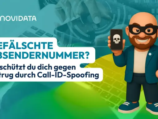 Ein Mann mit Maske hält ein Handy mit Totenkopf-Symbol. Text: "Gefälschte Absendernummer? So schützt du dich gegen Betrug durch Call-ID-Spoofing". So kannst du Spoofing erkennen.