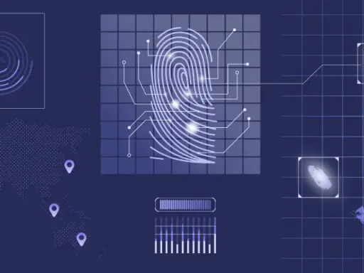 Digitale Darstellung von biometrischer Erkennung mit Fingerabdruck-Scan, Handabdruck-Analyse und Weltkarte mit Markierungen.