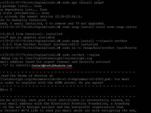 Installation von Certbot auf Ubuntu mit Snap. E-Mail-Adresse für Benachrichtigungen wird eingegeben.
