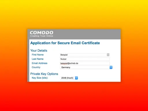 Antrag auf ein sicheres E-Mail-Zertifikat von Comodo. Hier können Sie ein kostenloses S/MIME-Zertifikat beantragen, indem Sie Ihre Daten eingeben.