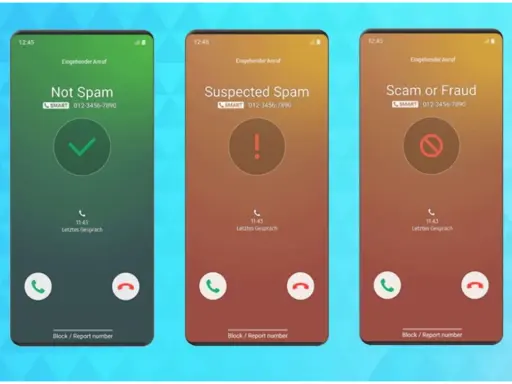 Drei Handy-Bildschirme zeigen, was bedeutet Spam auf dem Handy: "Not Spam" (grün), "Suspected Spam" (orange) und "Scam or Fraud" (rot).