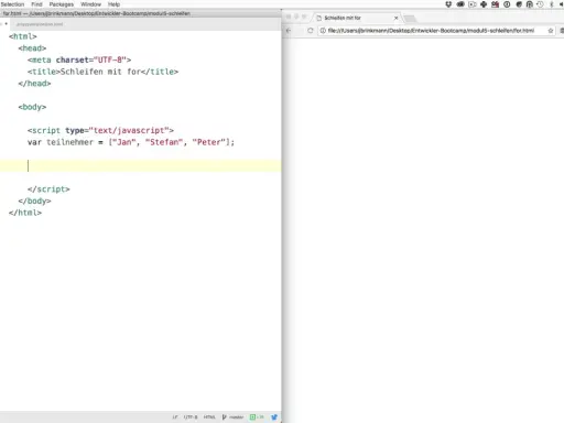HTML-Code mit JavaScript, der eine Schleife mit dem Schlüsselwort "for" vorbereitet, um Teilnehmernamen auszugeben.
