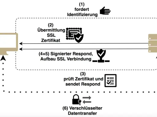 Diagramm zeigt, wie ein Browser ein SSL-Zertifikat testet, um eine sichere Verbindung zum Webserver aufzubauen.