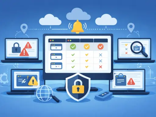 Sicherheitsüberwachung mit Laptops, die Warnungen und Schlösser zeigen. Ein zentraler Monitor mit Checklisten und eine Glocke für Benachrichtigungen.