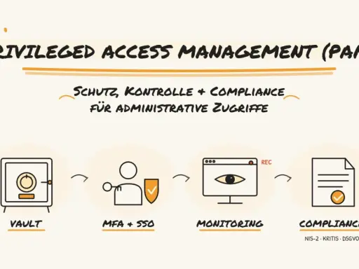 Schutz, Kontrolle und Compliance für administrative Zugriffe durch Privileged Access Management (PAM): Vault, MFA+SSO, Monitoring und Compliance.