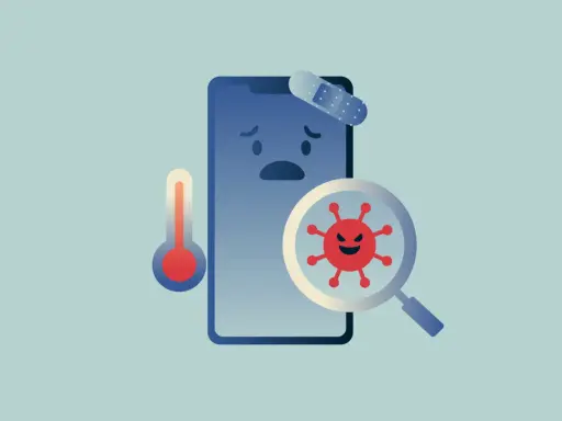 Trauriges Smartphone mit Pflaster, Thermometer und Lupe, die ein böses Virus zeigt. Das ist Scareware, die Angst macht.