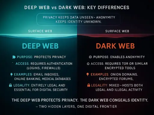 Vergleich von Deep Web und Dark Web: Deep Web schützt Privatsphäre, Dark Web ermöglicht Anonymität. Unterschiede bei Zweck, Zugang und Legalität.