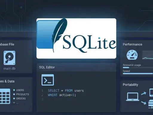 SQLite ist eine leichte, dateibasierte Datenbank. Das Bild zeigt die Benutzeroberfläche mit SQL-Editor, Performance- und Portabilitätsanzeigen.