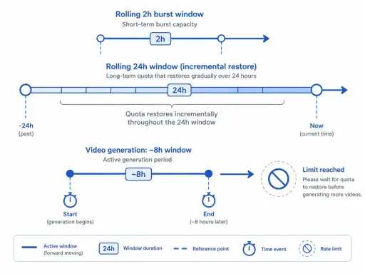 Zeitfenster für Videogenerierung: ~8h. Wenn der **rate limit reached** erreicht ist, muss auf Quota-Wiederherstellung gewartet werden.