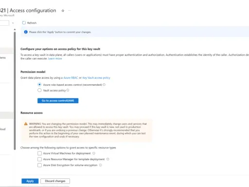Konfiguration der Zugriffsrichtlinien für einen Azure Vault. Hier wird das Berechtigungsmodell für den Zugriff auf den Key Vault festgelegt.