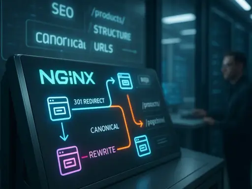 NGINX-Diagramm zeigt 301-Redirect, Canonical und Rewrite, die für SEO und URL-Struktur wichtig sind. Die Verwendung von nginx location regex ist hier zentral.