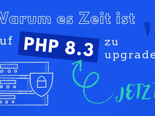 Warum es Zeit ist auf PHP 8.3 zu upgraden. Ein Server-Symbol mit Schild und Schloss deutet auf Sicherheit hin, passend zu den neuen Features, die durch PHP RFCs ermöglicht werden. JETZT!