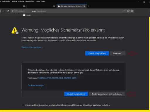 Firefox-Warnung: Mögliches Sicherheitsrisiko wegen eines selbstsignierten Apache-Zertifikats. MOZILLA_PKIX_ERROR_SELF_SIGNED_CERT.