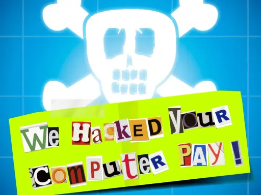 Bedrohlicher Totenkopf über einer Nachricht aus Zeitungsausschnitten: "We Hacked Your Computer PAY!". Ein klares Zeichen für Malware und Ransomware.