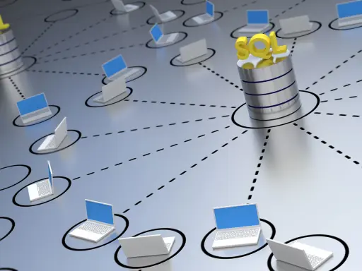 Vernetzte Laptops greifen auf eine SQL-Datenbank zu. Das Bild symbolisiert das Programmieren von Datenbanken in einem Netzwerk.