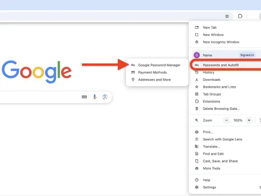 Google Chrome Menü: "Passwörter und Autofill" auswählen, um den Google Passwortmanager zu deaktivieren.