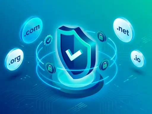 Sicheres Domain-Management: Schild mit Häkchen, umgeben von .com, .org, .net, .io und Schlössern. Kein curl error 60 hier!
