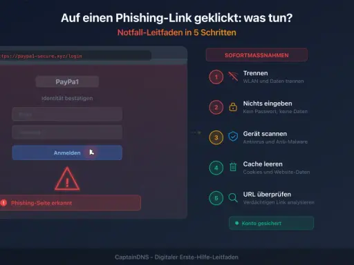 Auf einen Phishing-Link geklickt? Hier ist der Notfall-Leitfaden: Trennen, nichts eingeben, Gerät scannen, Cache leeren, URL prüfen.