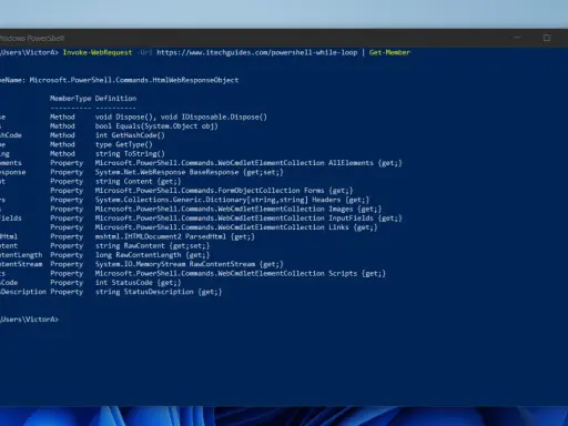 PowerShell-Fenster zeigt `Invoke-WebRequest` mit `Get-Member`, um die Eigenschaften des `HtmlWebResponseObject` zu untersuchen.