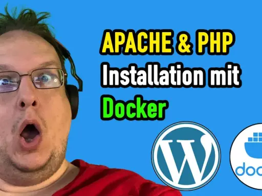 Mann mit grünen Haaren und Kopfhörern erklärt die Installation von Apache & PHP mit Docker. WordPress- und Docker-Logos sind sichtbar.