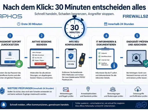 Schutz vor Smishing: 5 Schritte nach einem Klick. Passwort ändern, Sitzungen beenden, MFA neu konfigurieren, IT informieren, Endgerät prüfen. Schnell handeln!
