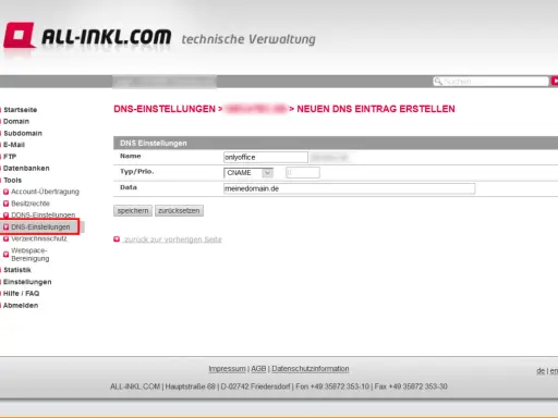 Konfiguration eines DNS-Eintrags für "onlyoffice" auf "meinedomain.de". Hier werden die DNS-Einstellungen für multiple Domains verwaltet.