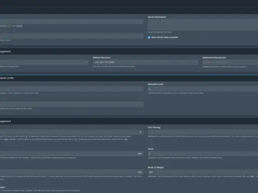 Pterodactyl-Panel-Einstellungen für einen Minecraft-Server, inklusive CPU-Limit, Speicher und Festplattenspeicher.