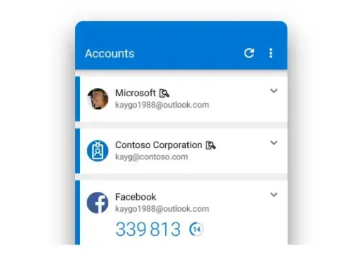 Kontenliste mit Microsoft, Contoso und Facebook-Konten. Ein Azure Password Manager könnte hier nützlich sein.