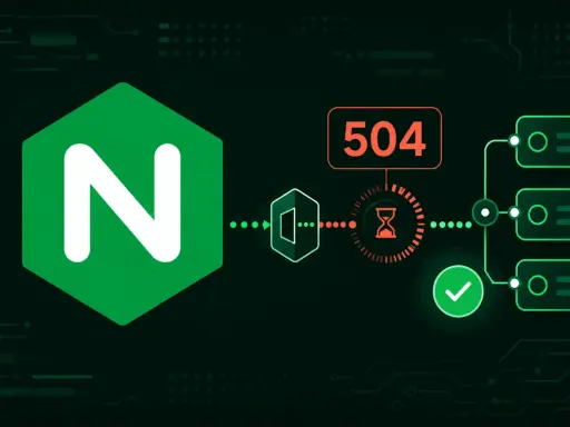 Nginx-Logo, 504-Fehler, Sanduhr-Symbol und ein grüner Haken. Dies illustriert den nginx proxy_read_timeout.