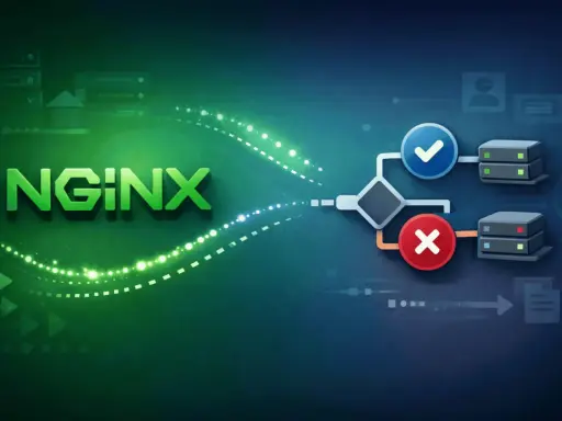NGINX-Logo mit einem Flussdiagramm, das eine Entscheidung trifft: entweder Erfolg (grüner Haken) oder Fehler (rotes Kreuz), mit Servern und Symbolen.