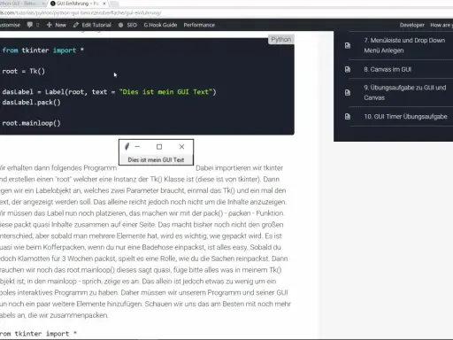 Python-Code zeigt, wie man mit tkinter ein einfaches GUI-Fenster mit Text erstellt. Das tkinter text wird in einem Label angezeigt.