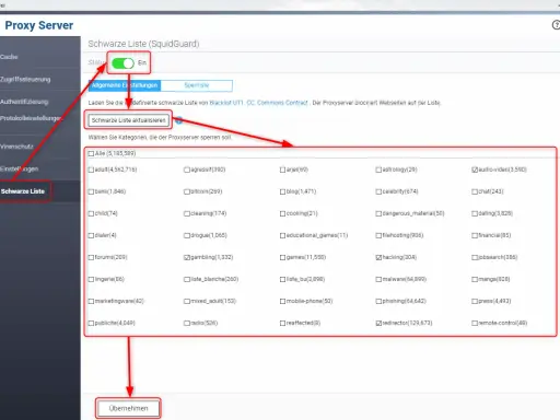 QNAP Reverse Proxy: Schwarze Liste mit Kategorien wie "gambling" und "hacking" zur Sperrung von Webseiten.