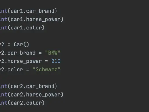 Python-Code zeigt, wie ist Python objektorientiert: Erstellung und Ausgabe von Auto-Objekten mit Marke, PS und Farbe.