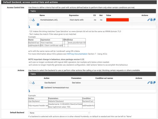 pfSense HAProxy: ACLs definieren, z.B. "HomeAssistant_ACL" für Host-Starts. Aktionen wählen, um Backends zu steuern.