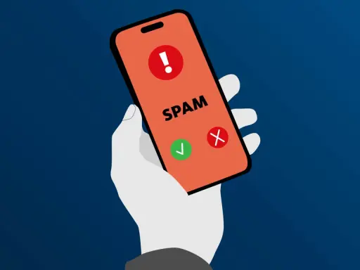 Hand hält Smartphone mit Warnsymbol und "SPAM" Schriftzug. Grüne Haken und rotes Kreuz zeigen Optionen.
