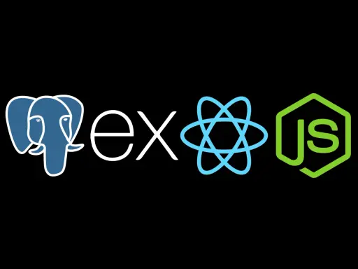 Logos für PostgreSQL, Express.js, React und Node.js, die den MERN-Stack repräsentieren.