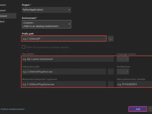Konfiguration einer bestehenden Python-Umgebung mit Pfadangaben und Beschreibung.